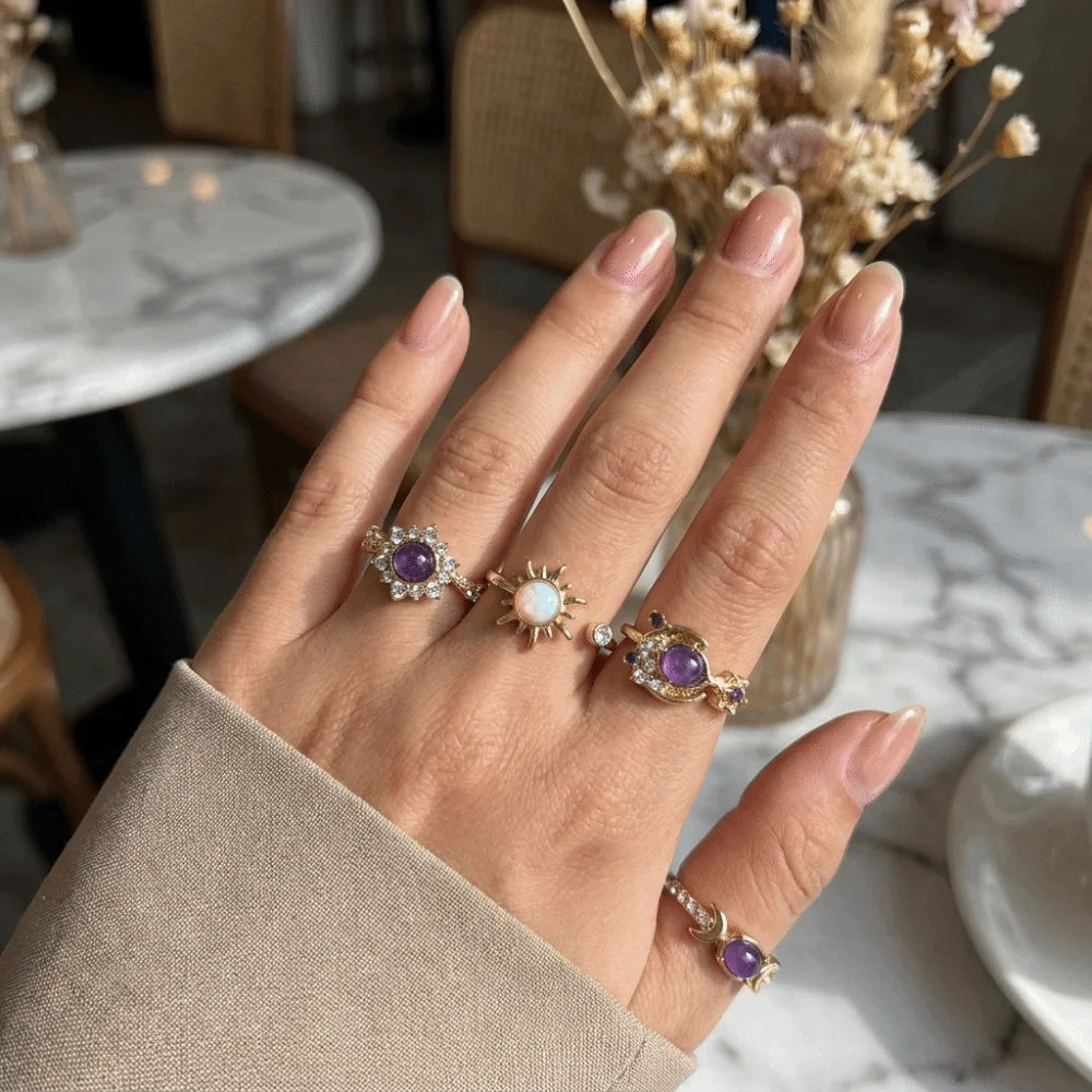 Vintage Gold Sun Moon Stackable Ring Set – 4pcs Purple Gem Stackable Ring Set PLUSH