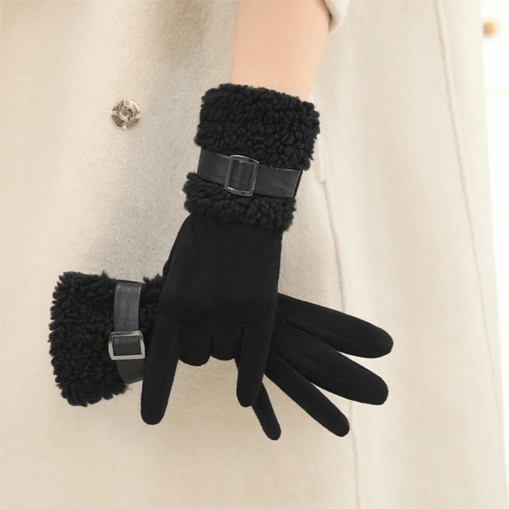 Women's Fleece-Lined Suede Winter Gloves – Windproof Full Finger Winter Gloves PLUSH Black