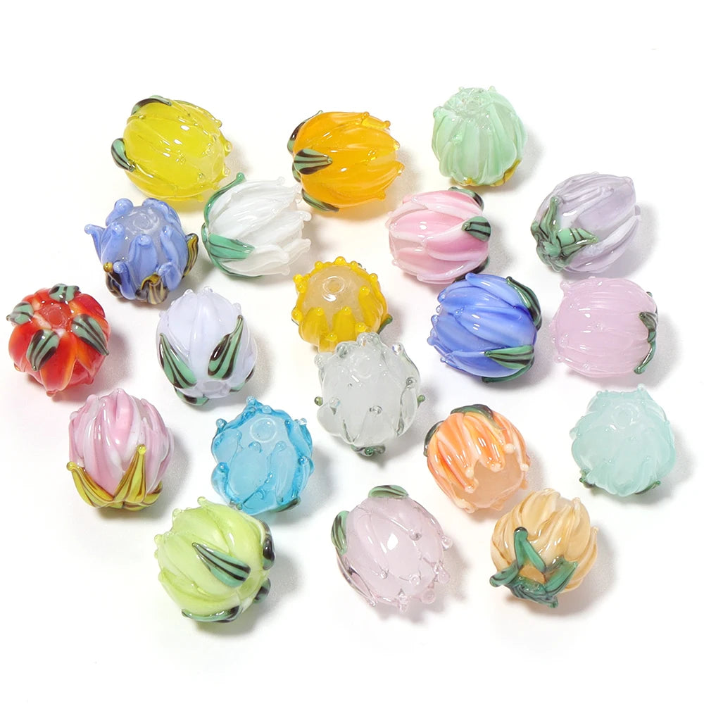 Tulip Lampwork Glass Spacer Beads – Multicolor DIY Jewelry Lampwork Glass Beads PLUSH mixed x 4pcs