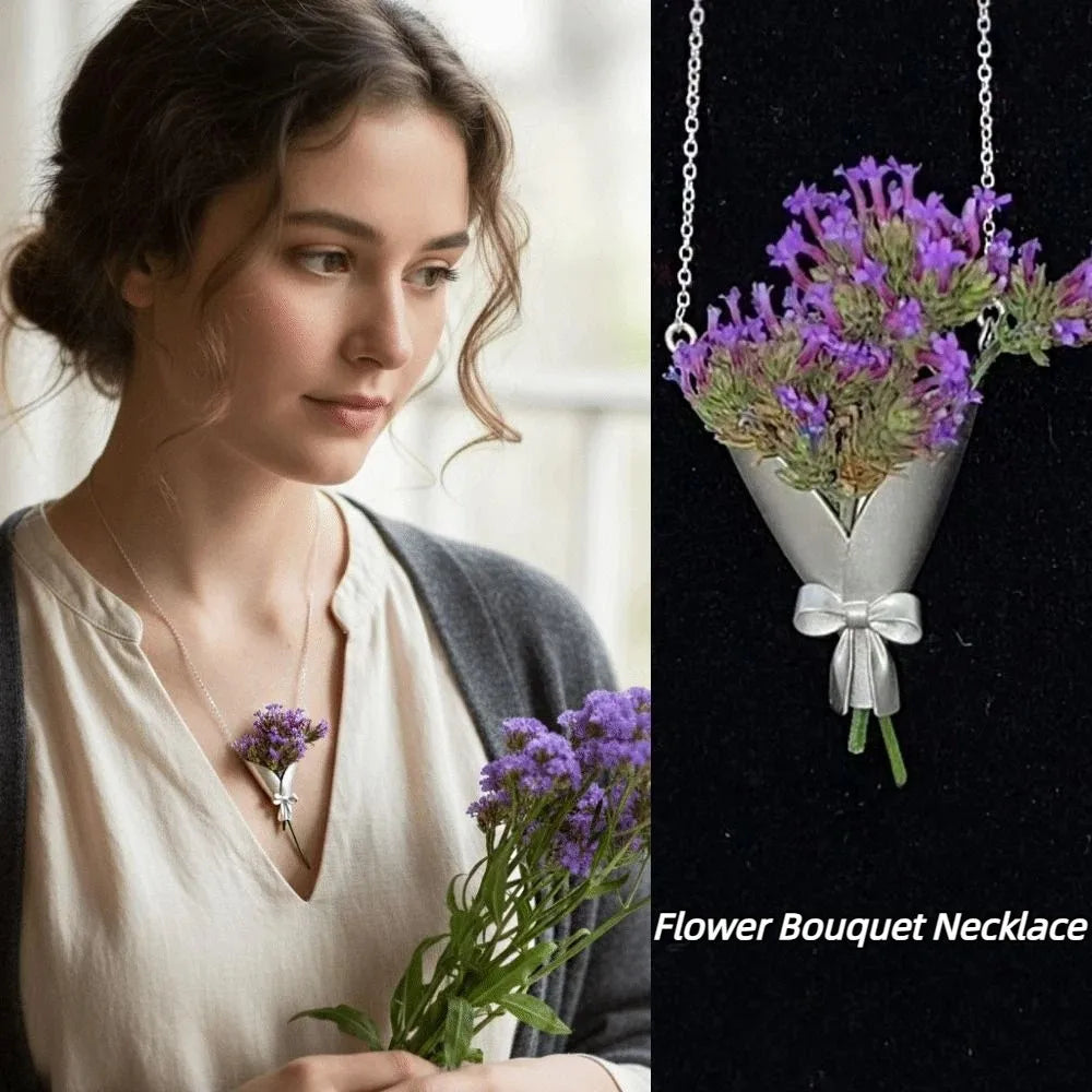 Silver Flower Bouquet Bow Pendant Necklace – Collarbone Chain Pendant Necklace PLUSH