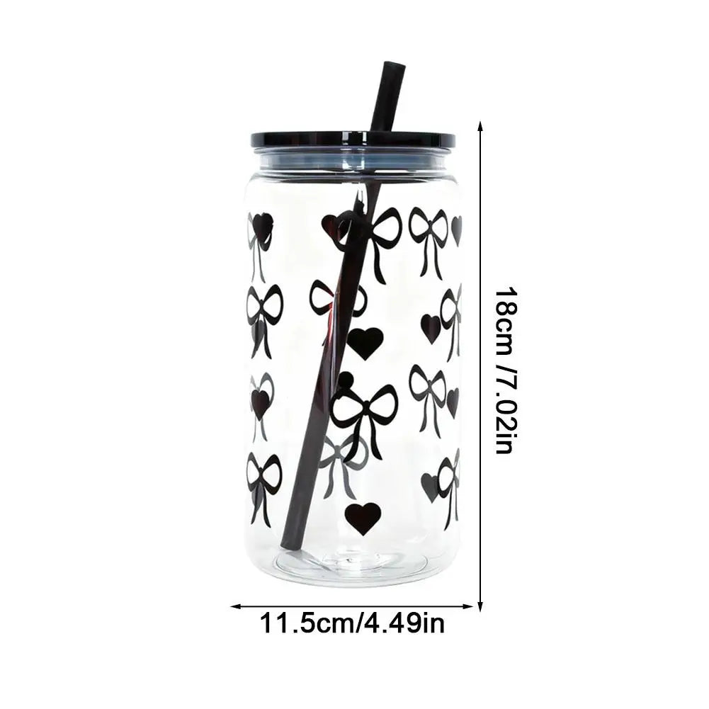 500ml Black Bow-Shaped Plastic Cup with Lid & Straw Plastic Straw Cup PLUSH