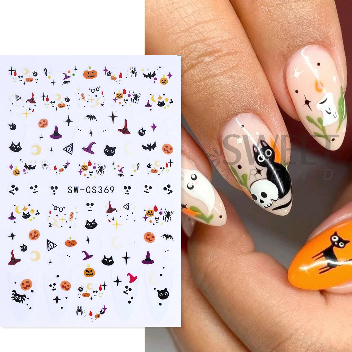 3pcs Halloween Nail Stickers – Pumpkin, Bat & Spider Web Decals Nail Art Stickers PLUSH