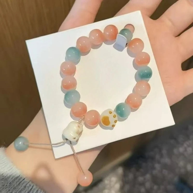 Lucky Cat Bodhi Bead Bracelet – Y2K Unisex Fortune Jewelry Beaded Strand Bracelet PLUSH blue pink
