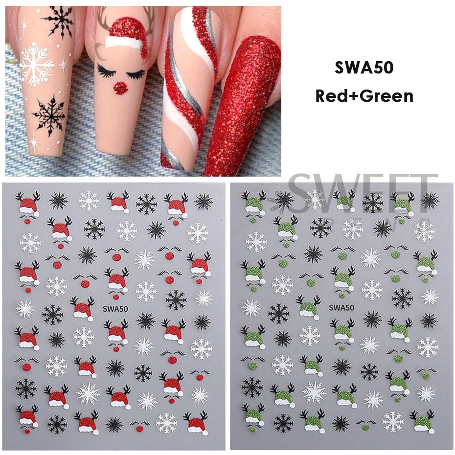 Christmas 3D Nail Stickers Gold Silver Glitter Xmas Decals 2pcs Nail Art Stickers PLUSH SWA50 Red Green