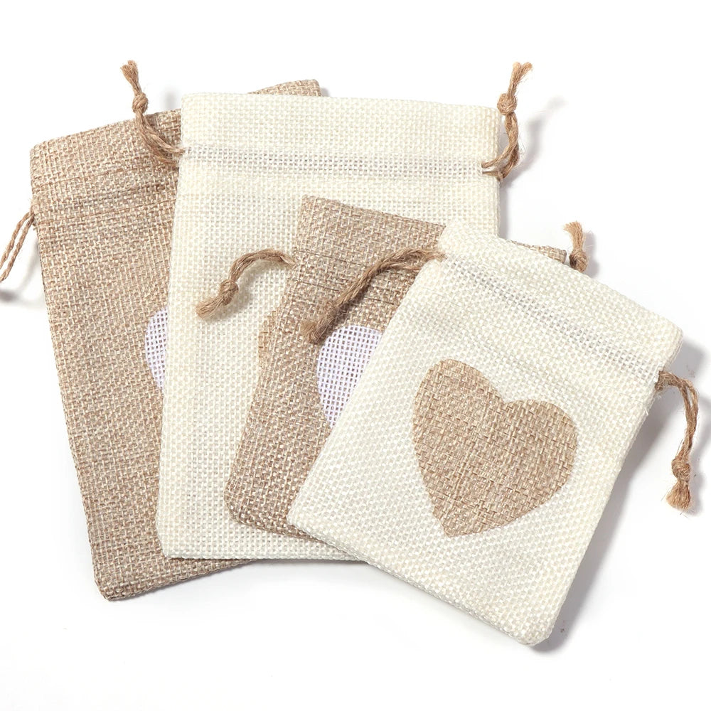5pcs Heart Burlap Drawstring Gift Bags – Jute Wedding Pouches Burlap Gift Bags PLUSH