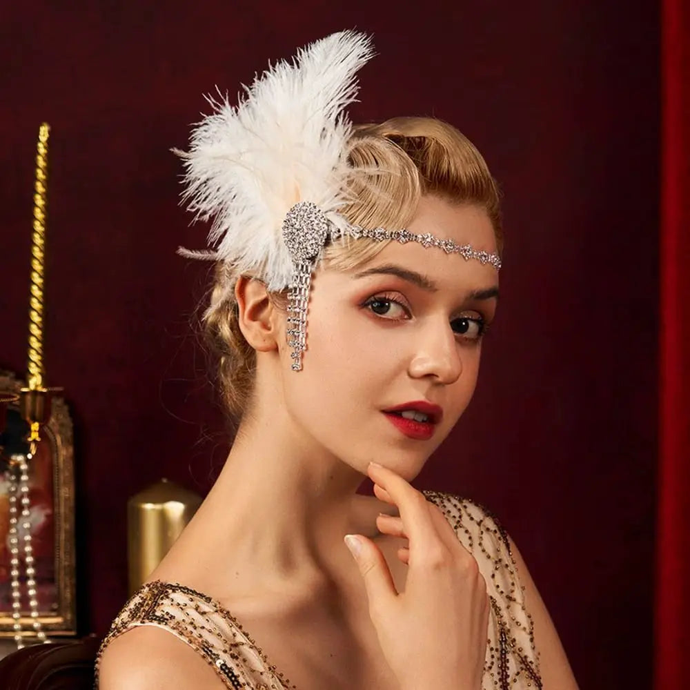 1920s Feather Headband Crystal Rhinestone Bridal Hair Band Feather Hair Headband PLUSH