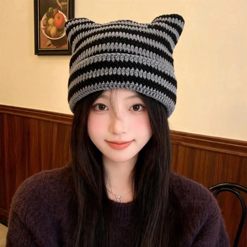 Y2K Cat Ears Beanie Hat – Striped Knit Crochet Pullover Knit Beanie Hat PLUSH