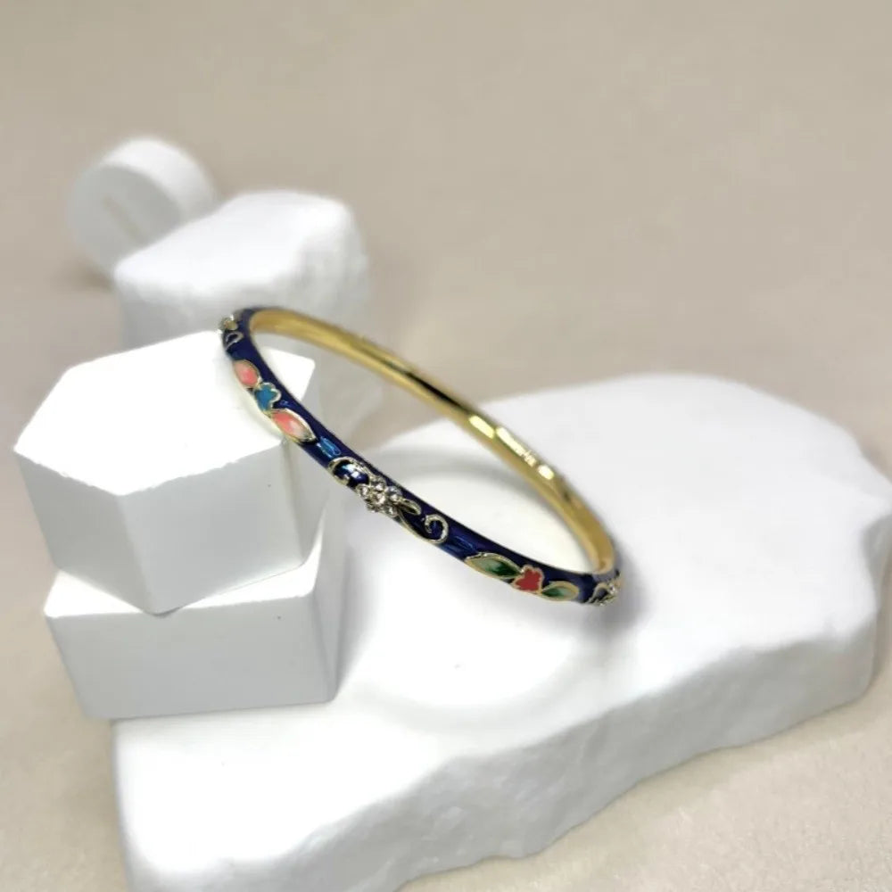 Vintage Cloisonné Enamel Floral Bangle – Women's Bracelet Enamel Bangle Bracelet PLUSH Transparent Blue