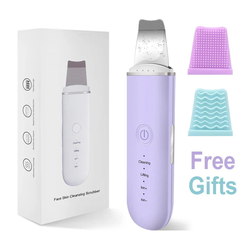 Ultrasonic Skin Scrubber Face Spatula – Cavitation Peeling Tool Facial Cleansing Device PLUSH Purple