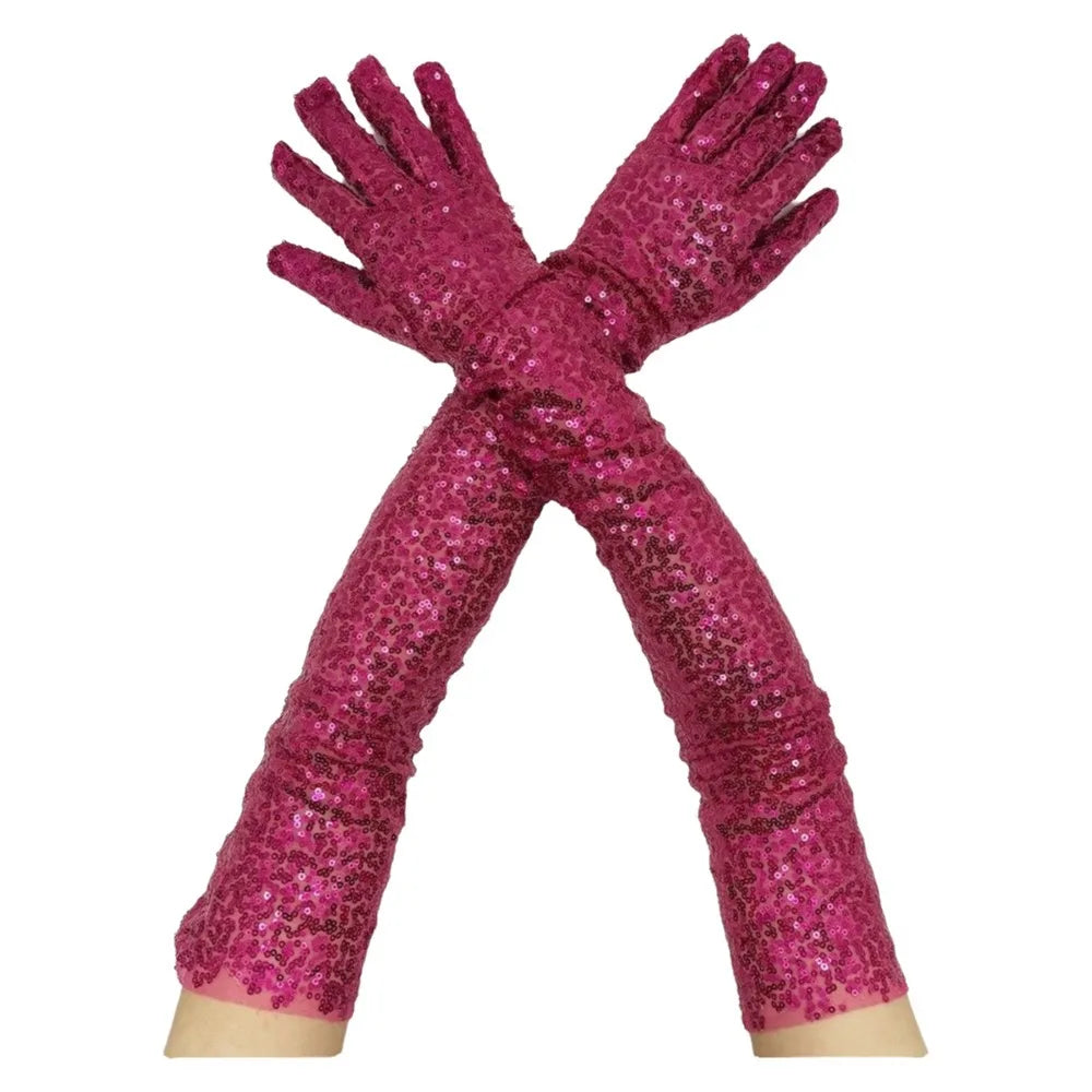 60cm Sequined Long Gloves – Sparkly Glitter Party & Wedding Sequined Long Gloves PLUSH Rose Red