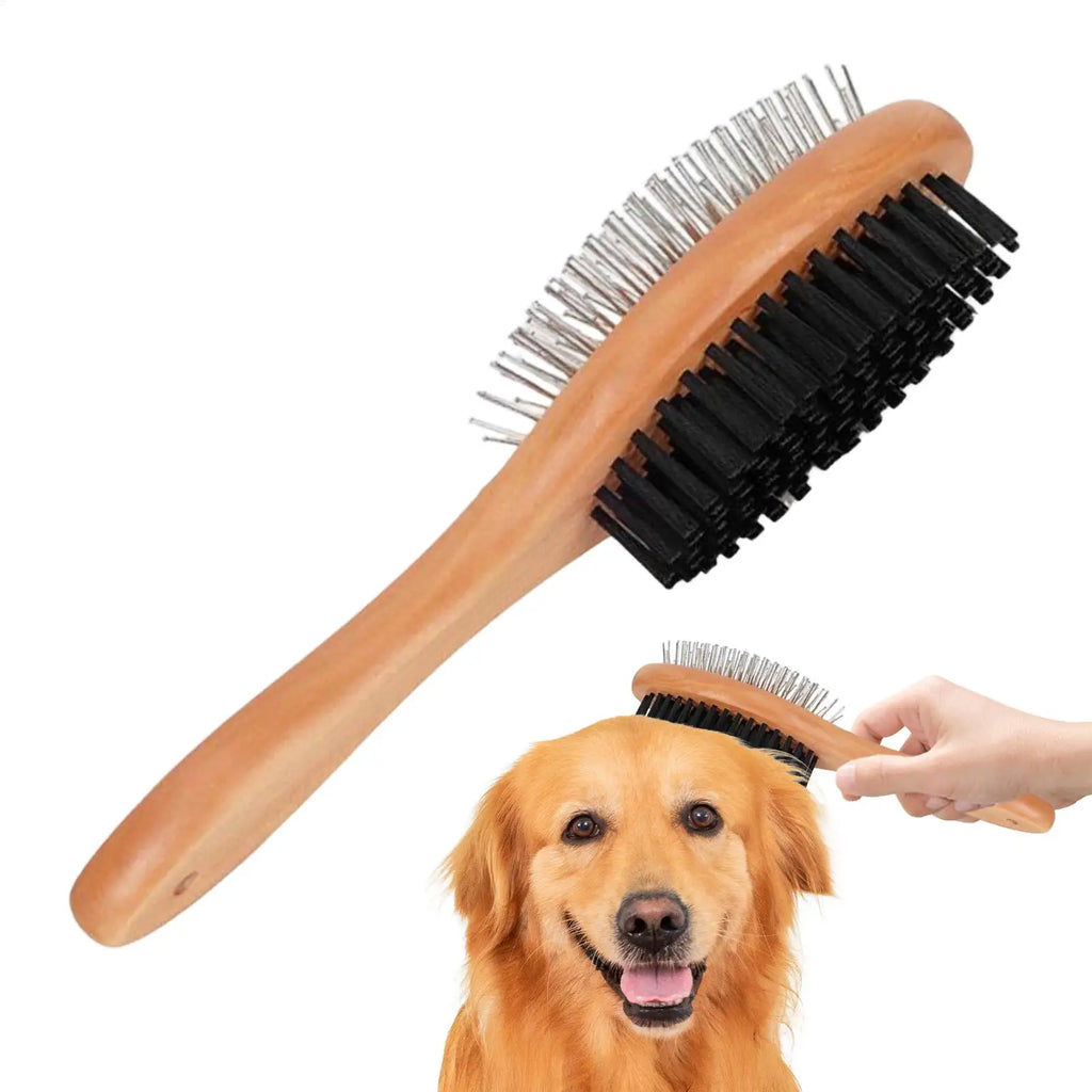 Double-Sided Pet Grooming Brush – Wood Handle & Steel Bristles Pet Grooming Brush PLUSH