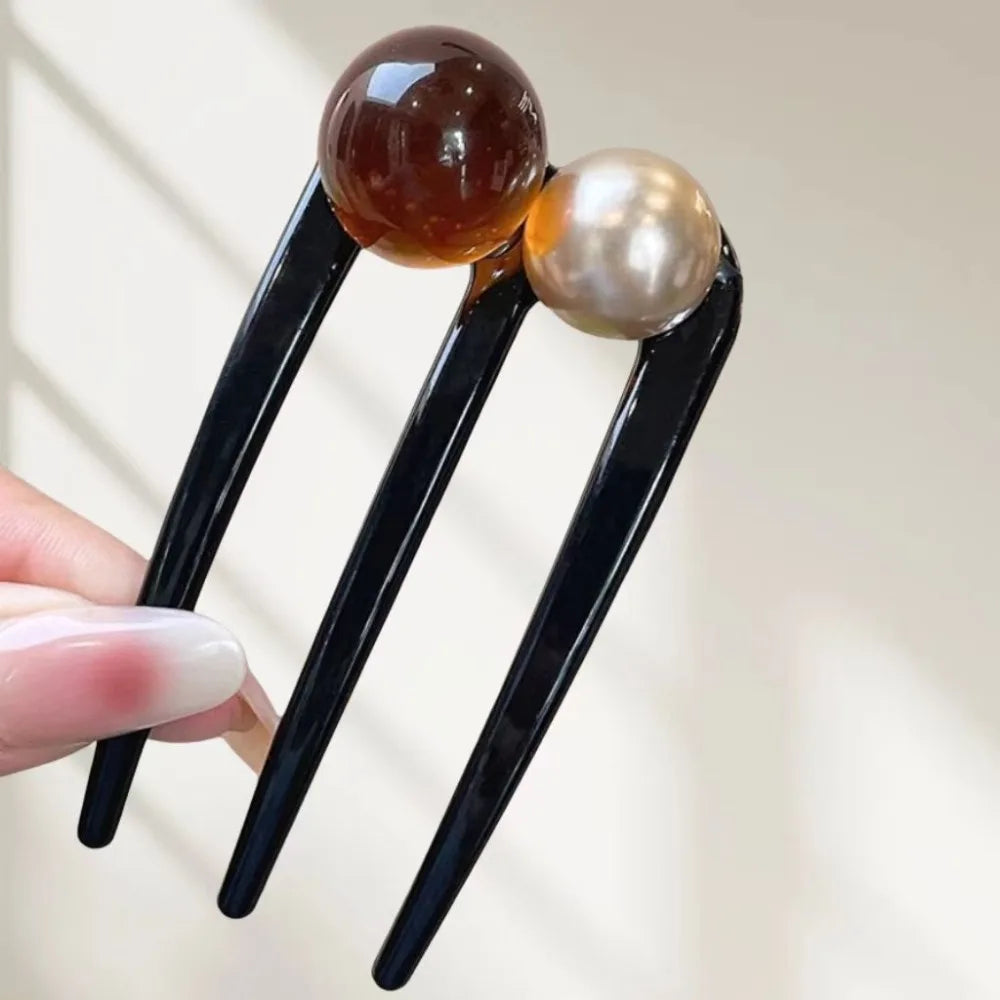 U-Shaped 3-Tooth Bead Hair Clip for Women – Coffee Updo Pin Bead Hair Clip PLUSH