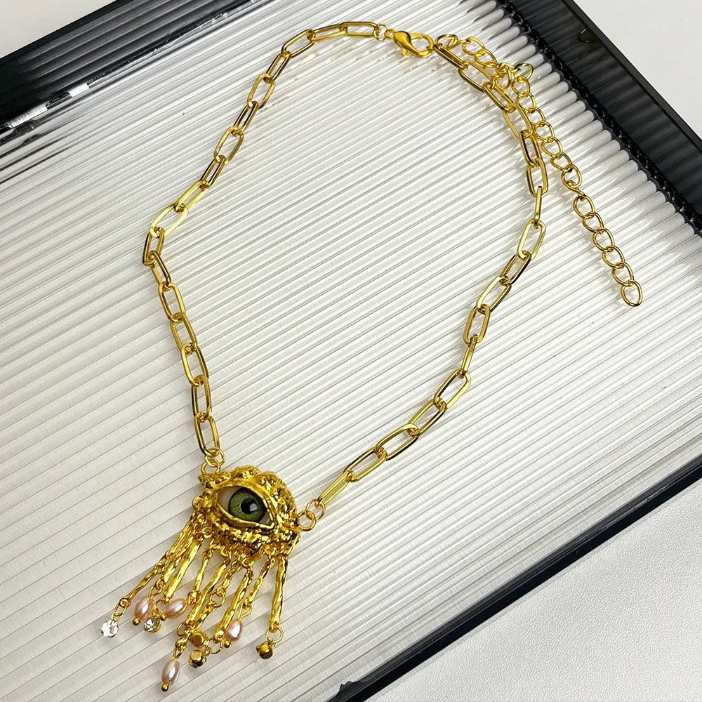 Vintage Demon Eye Tassel Necklace – Imitation Pearl Pendant Pendant Necklace PLUSH Gold