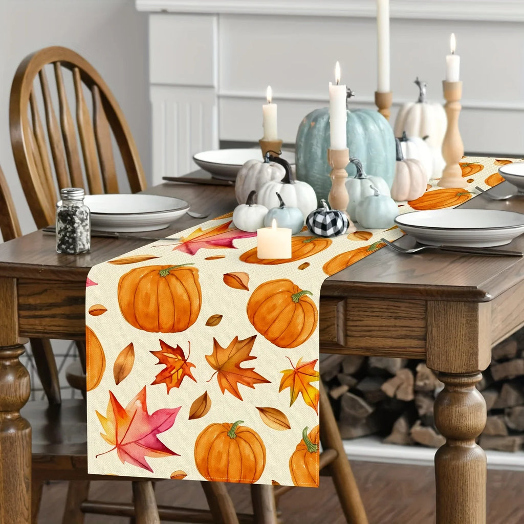 Autumn Pumpkin Maple Leaf Watercolor Table Runner | Fall Décor Table Runner PLUSH
