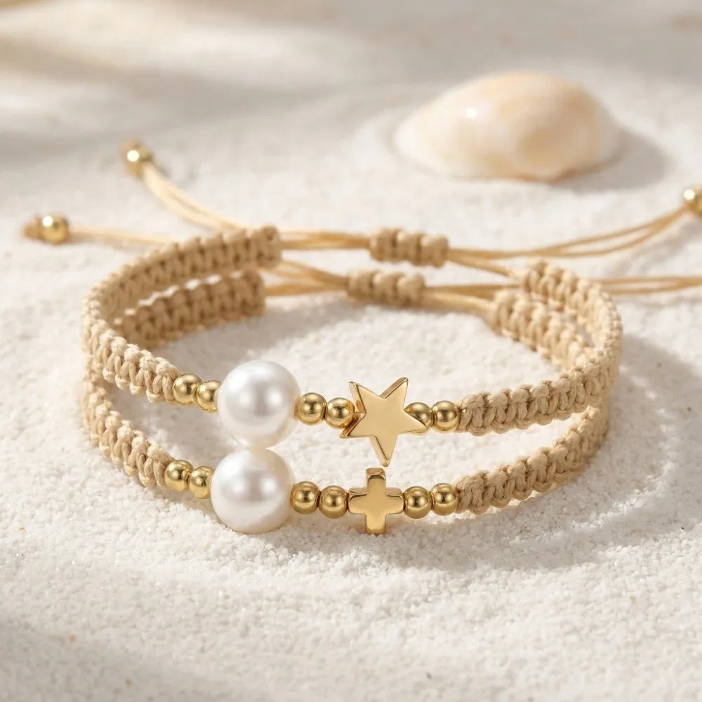 Adjustable Star Pearl Bead Woven Bracelet – Women's Minimalist Woven Bead Bracelet PLUSH