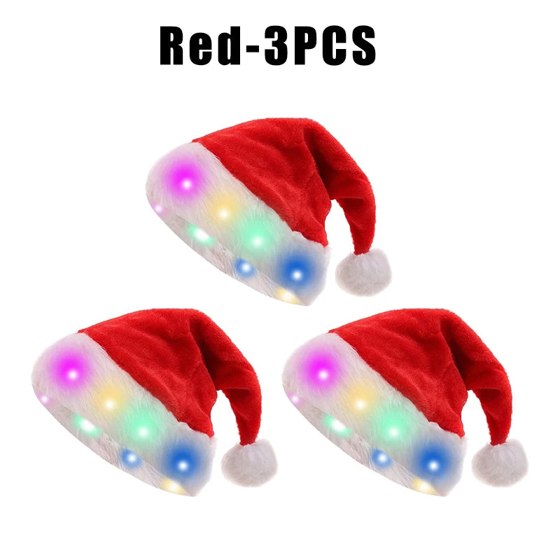 LED Light-Up Santa Hat – Plush Christmas Cap Adults & Kids LED Christmas Hat PLUSH For Adult Red 3PCS