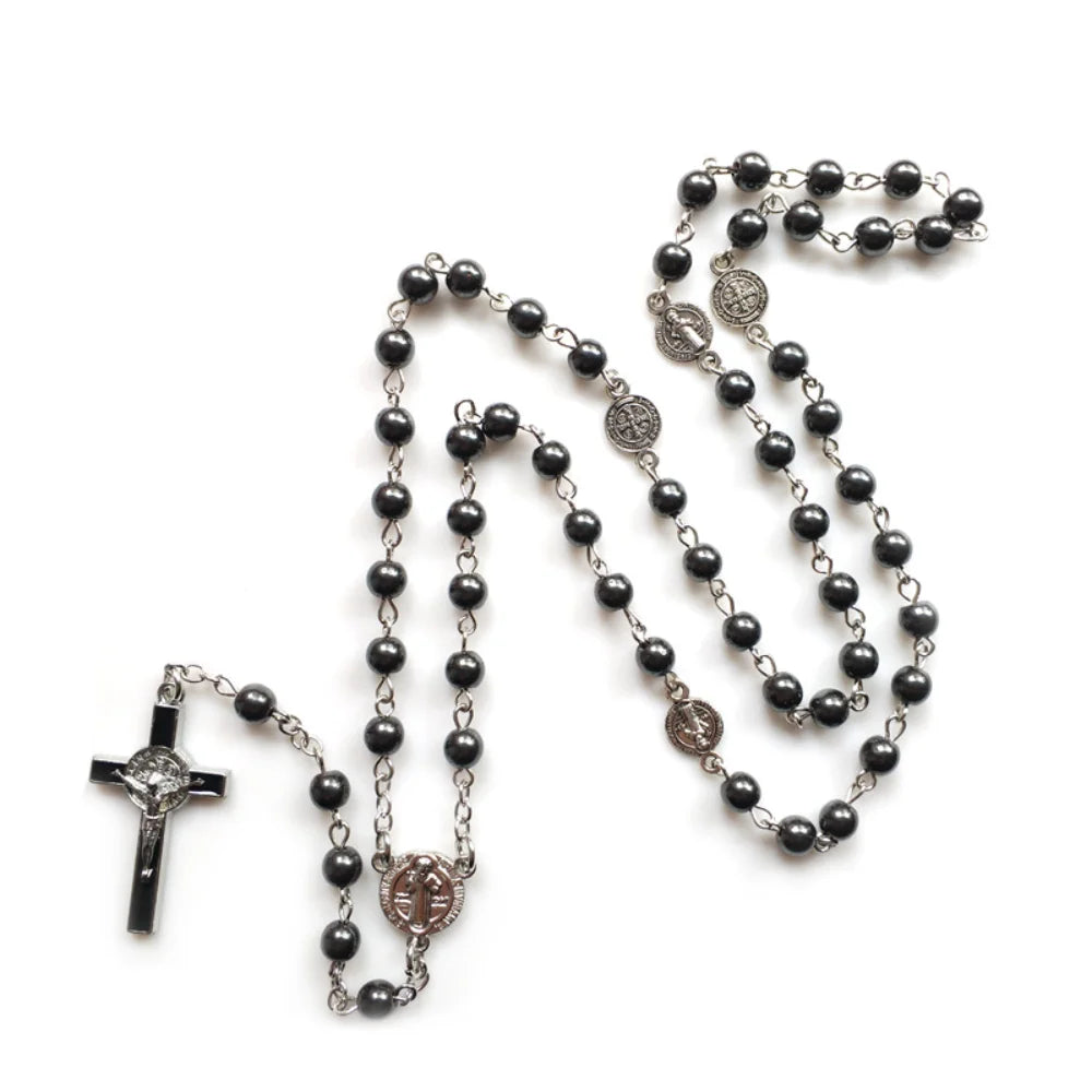 Volcanic Stone Black Rosary Necklace – Cross Crucifix Pendant Rosary Necklace PLUSH Style 3