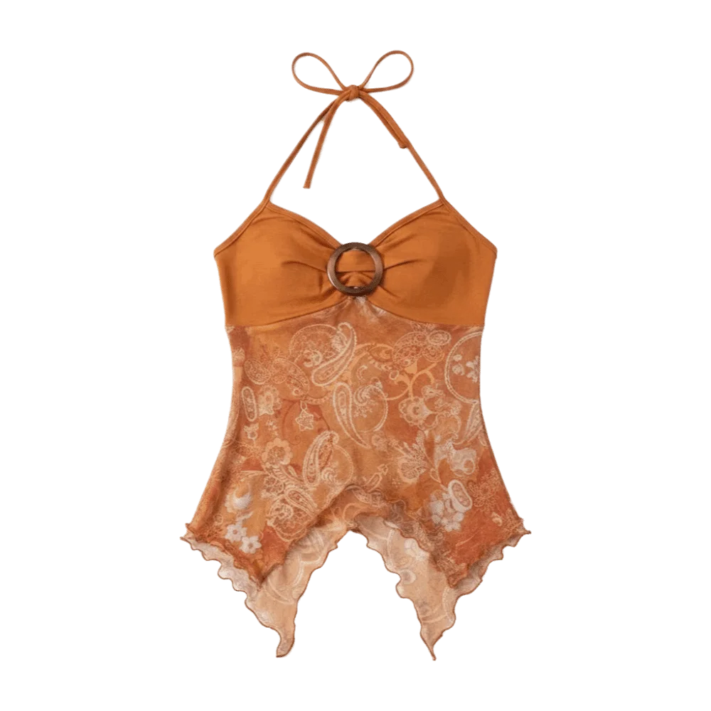 Women's Mesh Halter Crop Top – Slim Fit Lace Patchwork Camisole Halter Crop Top PLUSH Orange L