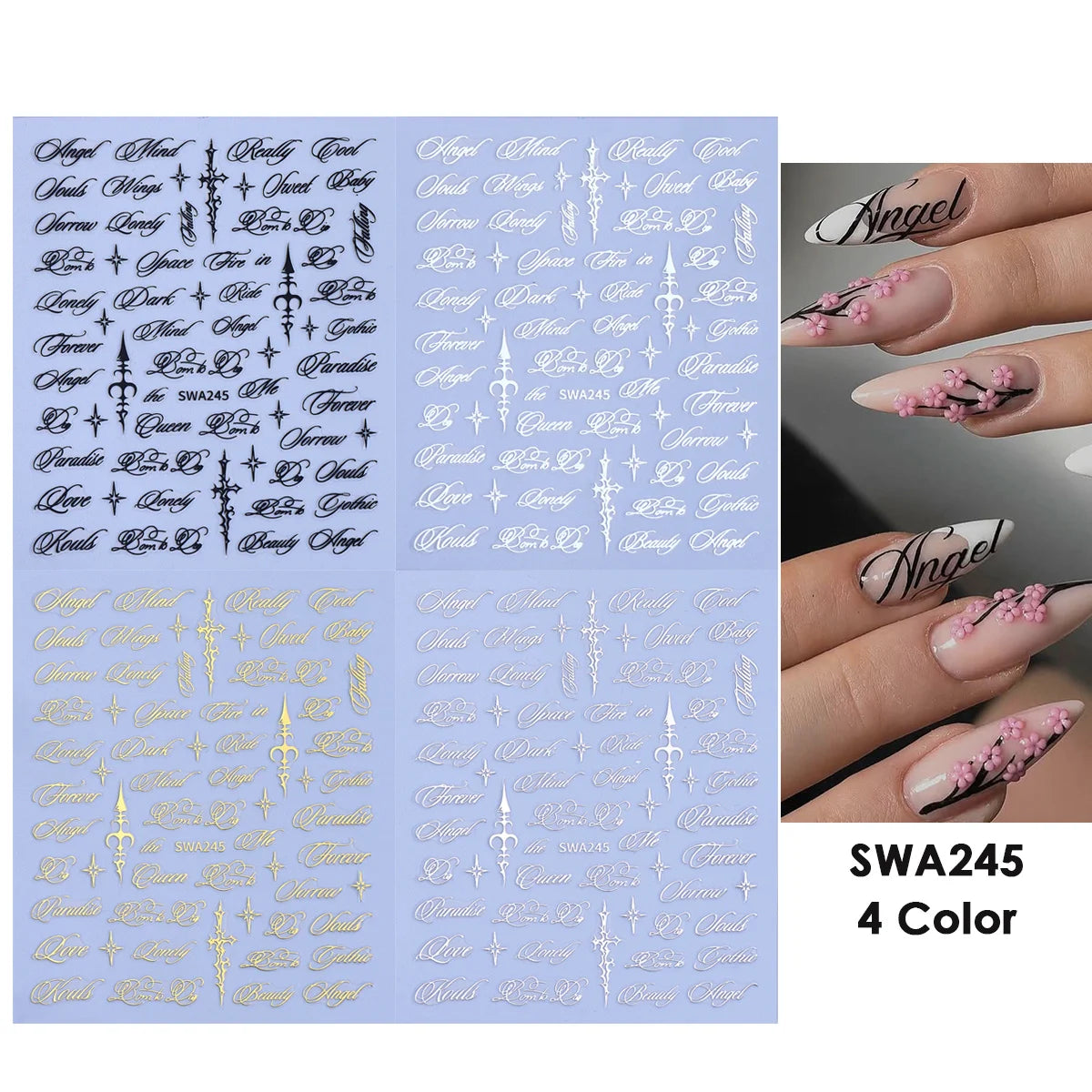 Gothic Nail Stickers Black Gold Y2K Angel Star – 4 Sheets Nail Art Stickers PLUSH SWA245 4 Color