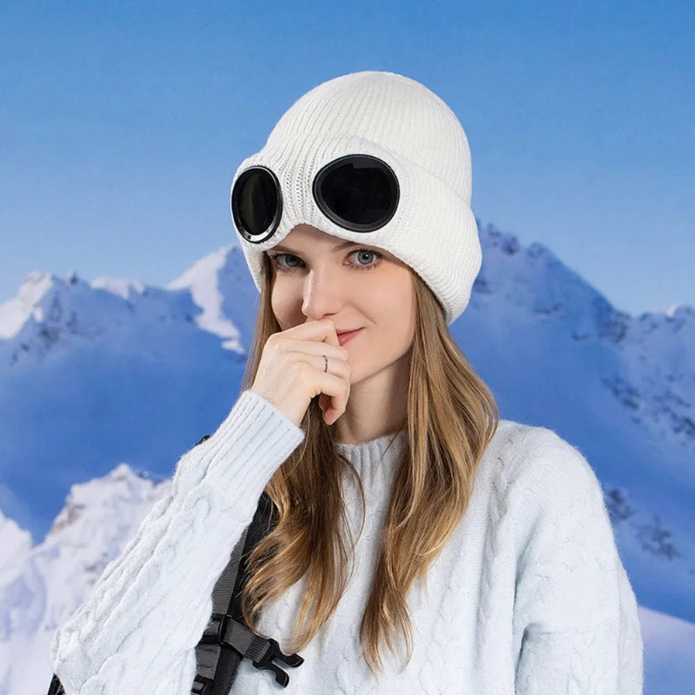 Windproof Knitted Ski Mask Hat with Removable Glasses Ski Mask Hat PLUSH White