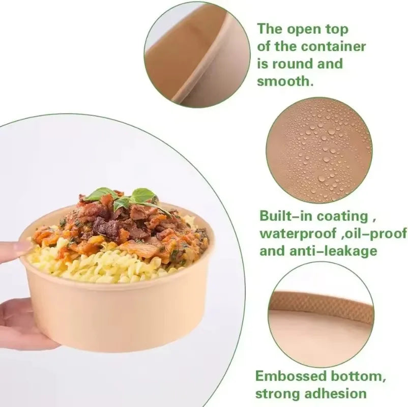 Kraft Paper Round Bowls with Lids – Disposable Bento Box Disposable Food Containers PLUSH