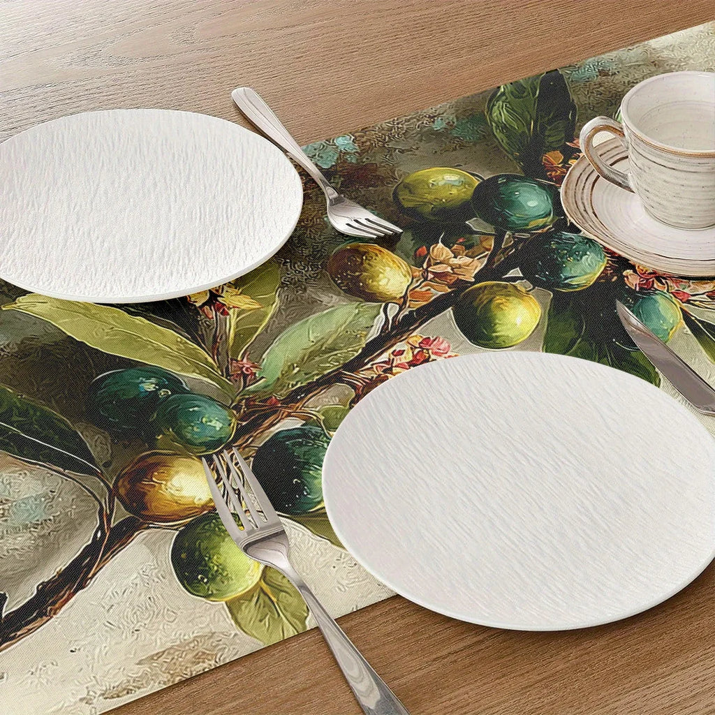 Retro Olive Branch Table Runner | Oil Painting Style Décor Decorative Table Runner PLUSH
