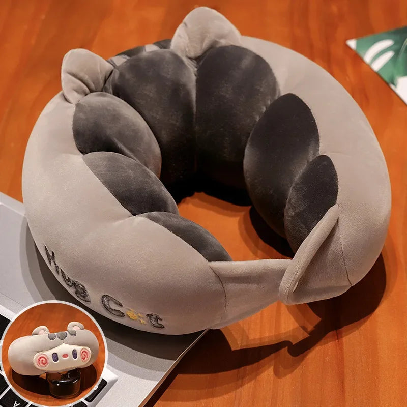 Cute Cat U-Shaped Travel Neck Pillow – Crystal Velvet Cartoon Travel Neck Pillow PLUSH gray bell cat