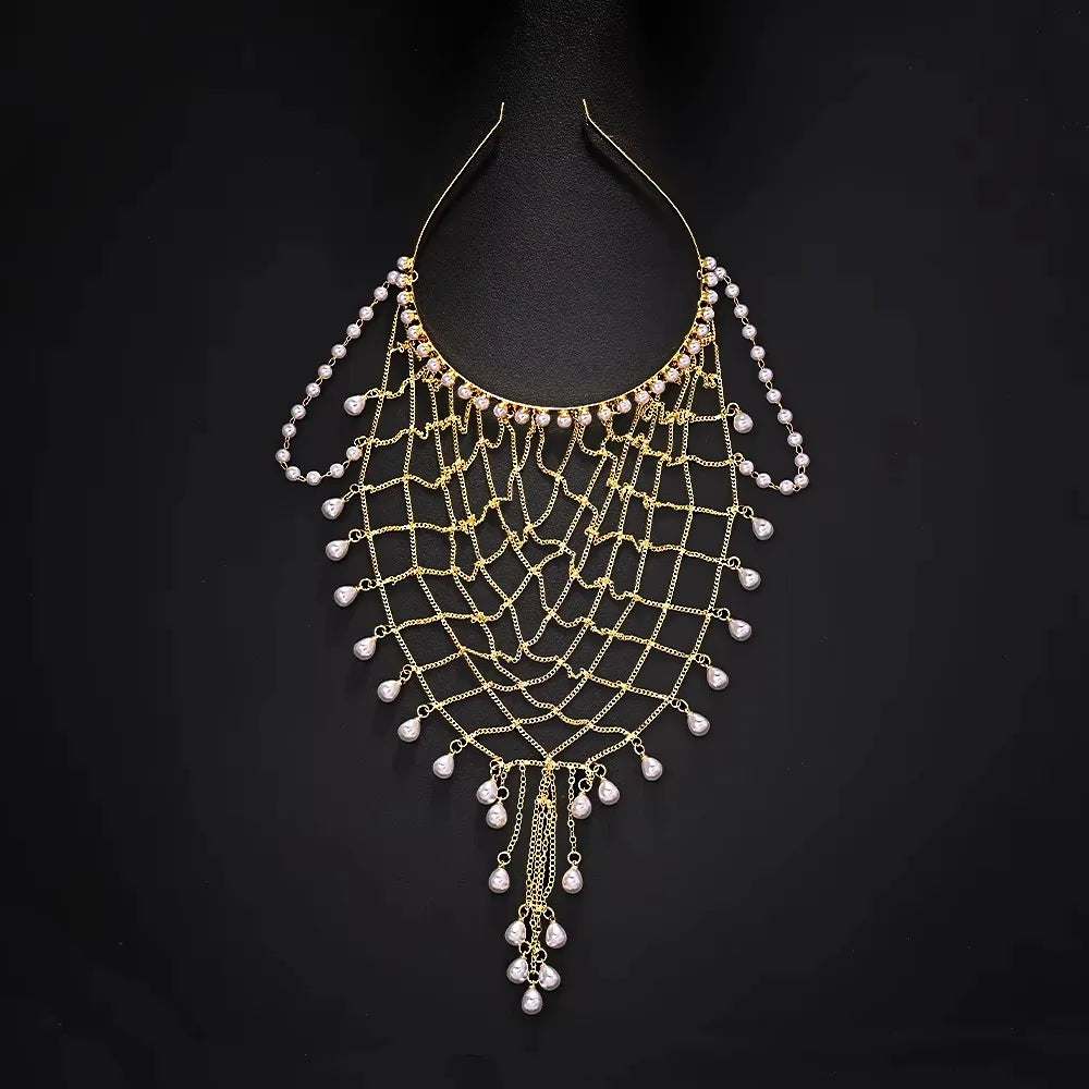 Pearl Hair Chain Draped Beaded Tassel Head Jewelry – Gold/Silver Pearl Hair Headpiece PLUSH Gold