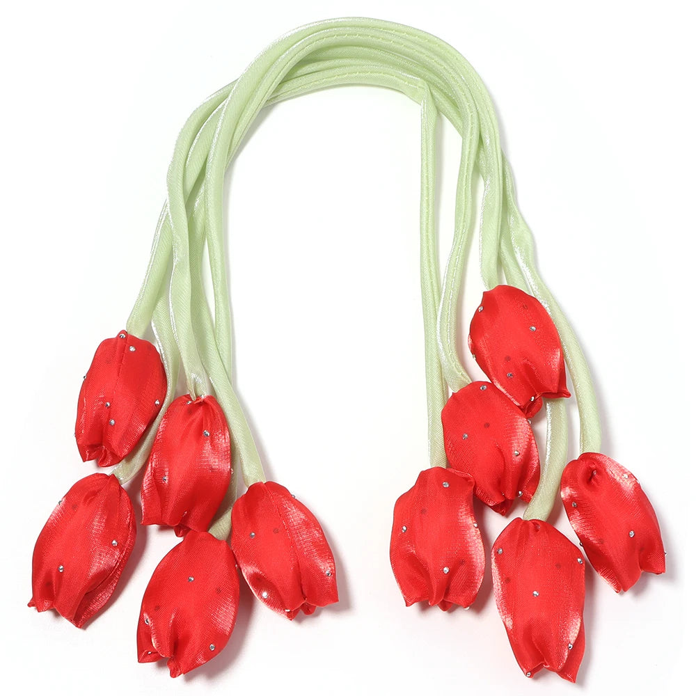 5pcs Satin Tulip Flower Strings Rhinestone DIY Hair & Garment Fabric Flower Trim PLUSH red