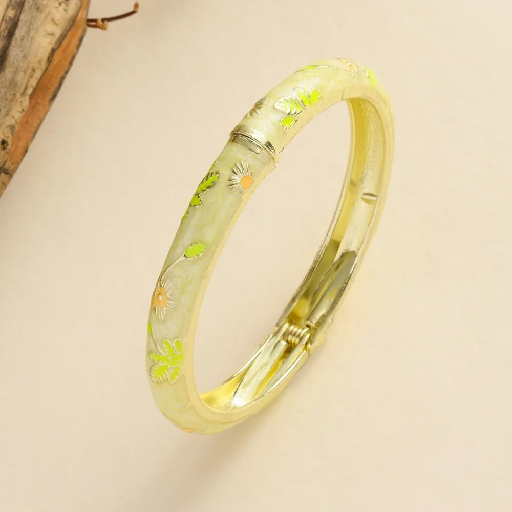 Flower Enamel Cloisonné Bangle – Vintage Filigree Bracelet Enamel Bangle PLUSH Light Yellow