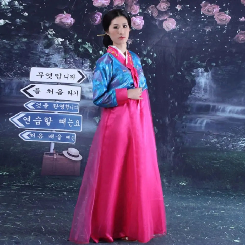 Women's Traditional Korean Hanbok Dress – Multicolor Stage Costume Traditional Costume Dress PLUSH blue-rose pink XXXL