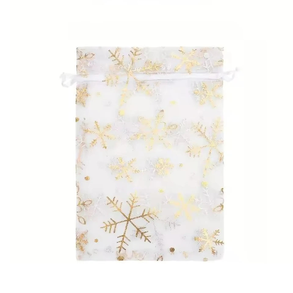 50/100pcs Organza Snowflake Drawstring Gift Bags 9x12cm Organza Gift Bags PLUSH Gold 50PCS
