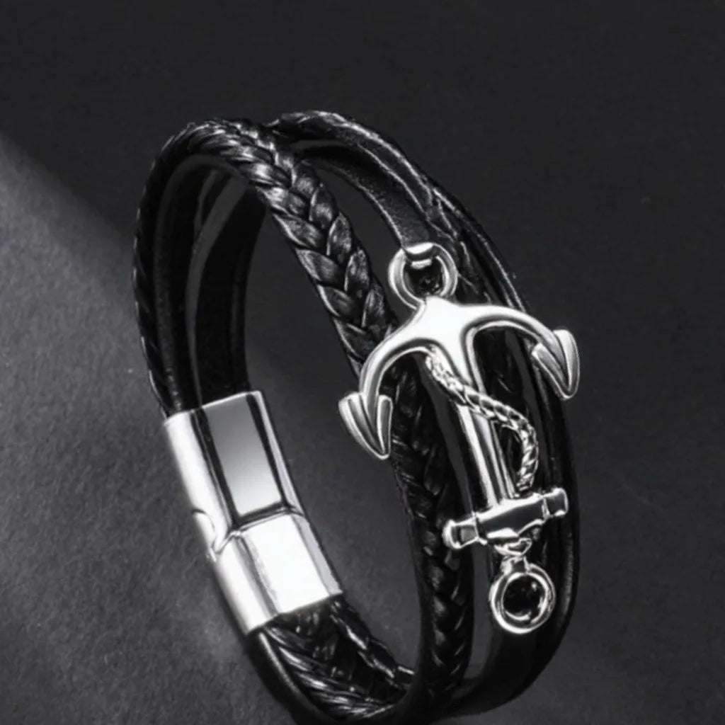 Men's Anchor Charm Multi-Layer Braided Leather Bracelet Charm Leather Bracelet PLUSH