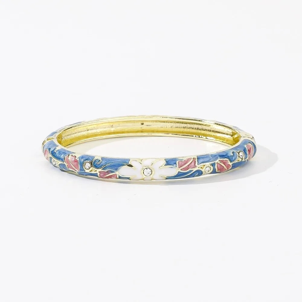 Enamel Cloisonné Bangle – Vintage Chinese Flower Bracelet Enamel Bangle PLUSH Blue White Pink