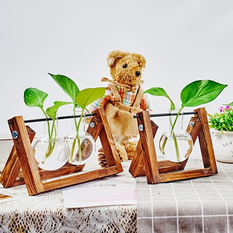 Glass Propagation Station in Wooden Rack | Hydroponic Vases Propagation Station PLUSH