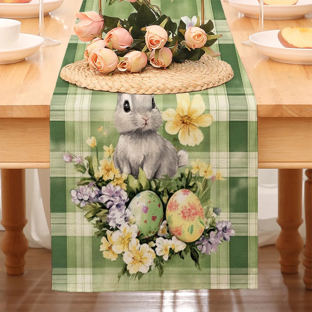 Macaron Green Easter Table Runner – Rabbit & Floral Plaid Easter Table Runner PLUSH