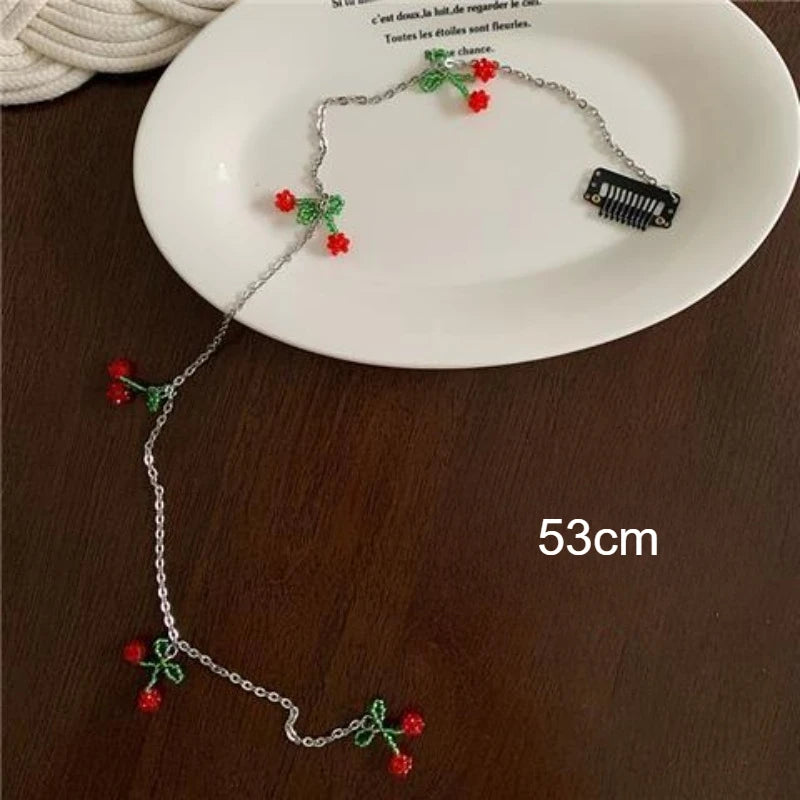 Red Cherry Tassel Hair Clip – Braided Wax Thread Charm Tassel Hair Clip PLUSH 53cm for long hair