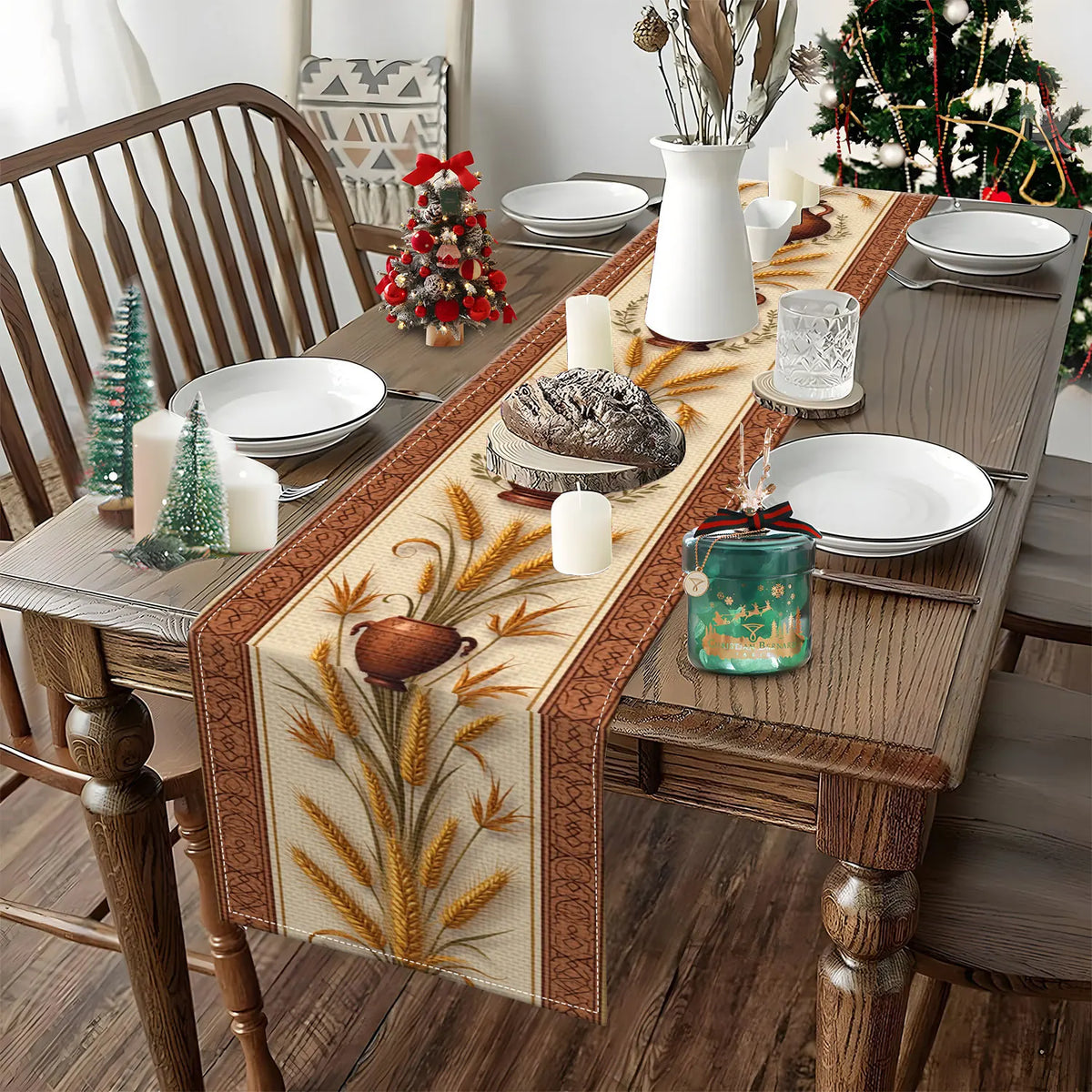 Wheat Ear & Earthenware Pot Table Runner – Autumn Harvest Table Runner PLUSH