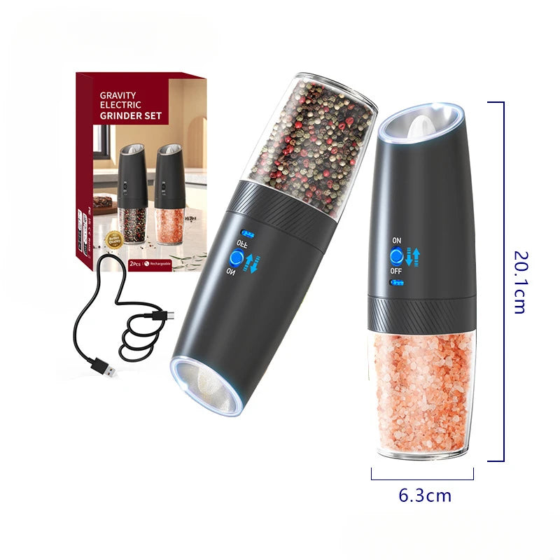 2-Pack Electric Salt & Pepper Grinder Set | USB, LED, Gravity Electric Spice Grinder PLUSH 2pc