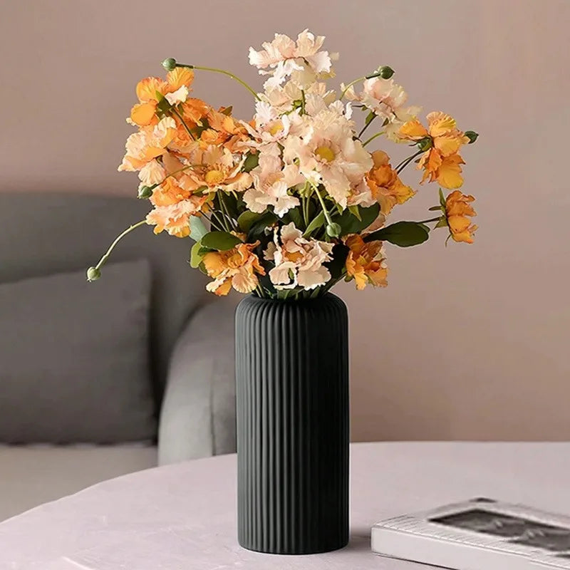 Striped Ceramic-Look Plastic Vase – Decorative Floral Display Decorative Vase PLUSH