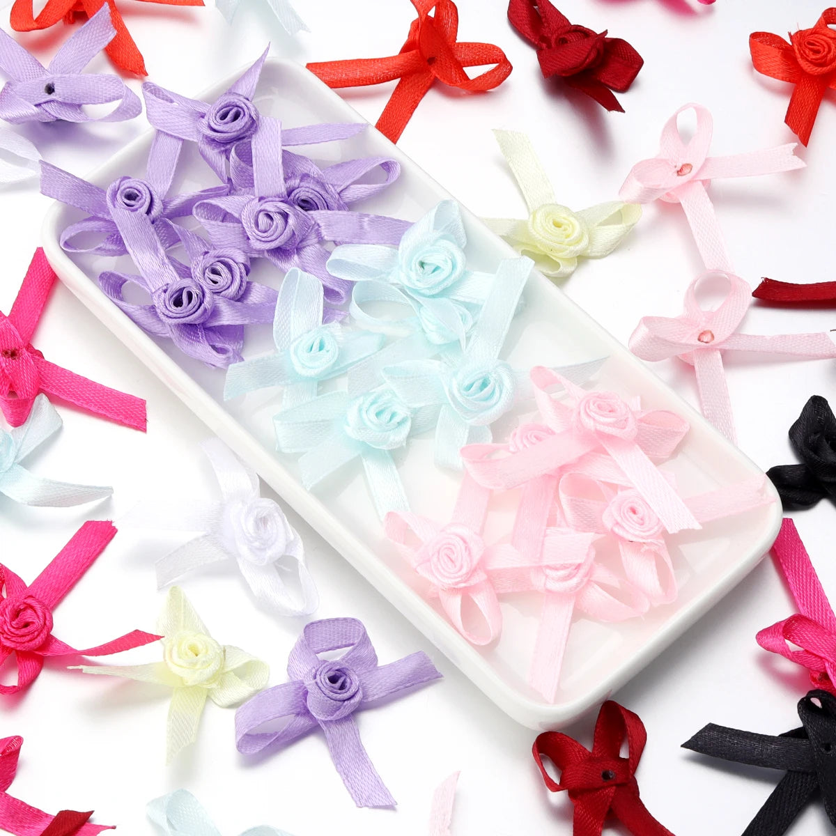 50pcs Satin Ribbon Bows 3.5x4.5cm – Colorful DIY Craft Bowknots Satin Ribbon Bows PLUSH