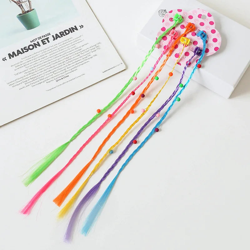 6-Pack Rainbow Braid Hair Extensions with Clips for Kids Kids Hair Extensions PLUSH round beads 6Pcs