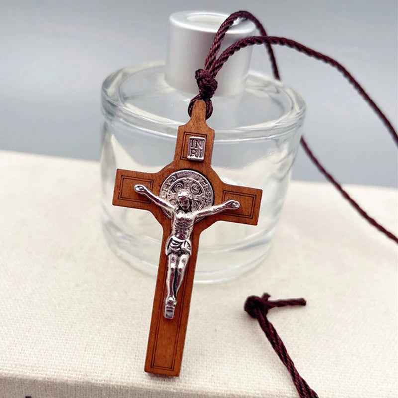 Wood & Metal Cross Necklace – Unisex Christian Faith Gift Cross Pendant Necklace PLUSH