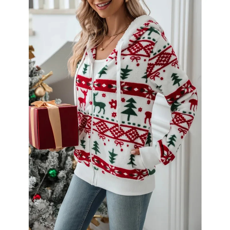 Women's Christmas Plush Lined Hooded Jacket – Reindeer Snowflake Hooded Winter Jacket PLUSH