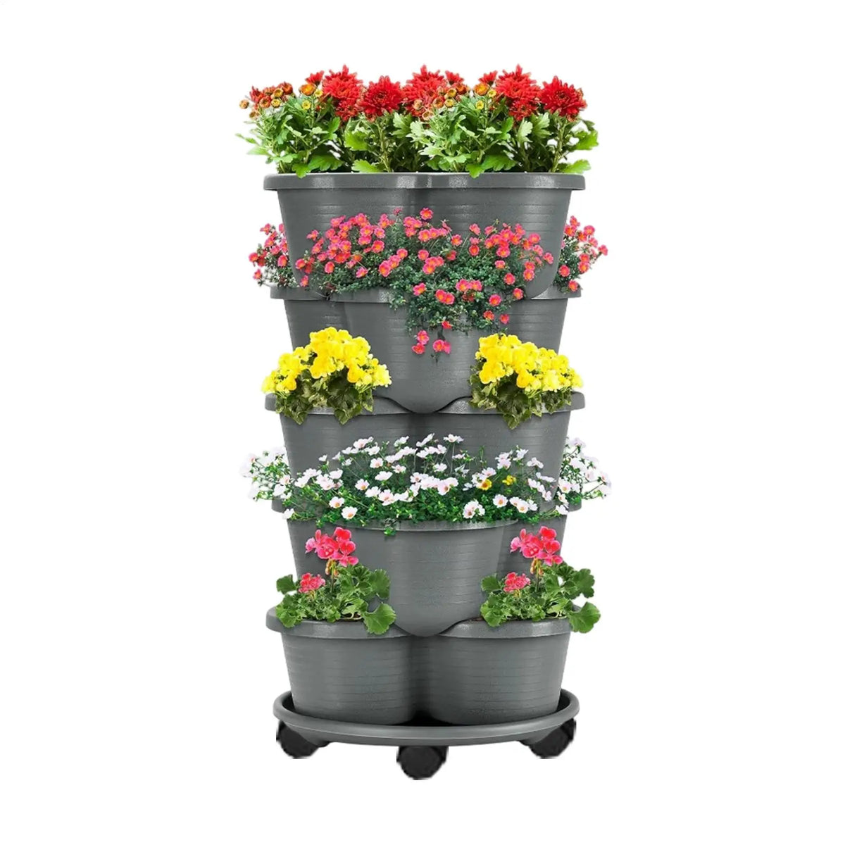 5-Tier Stackable Planter Tower with Wheels – 5pcs Gray Stackable Planter Tower PLUSH