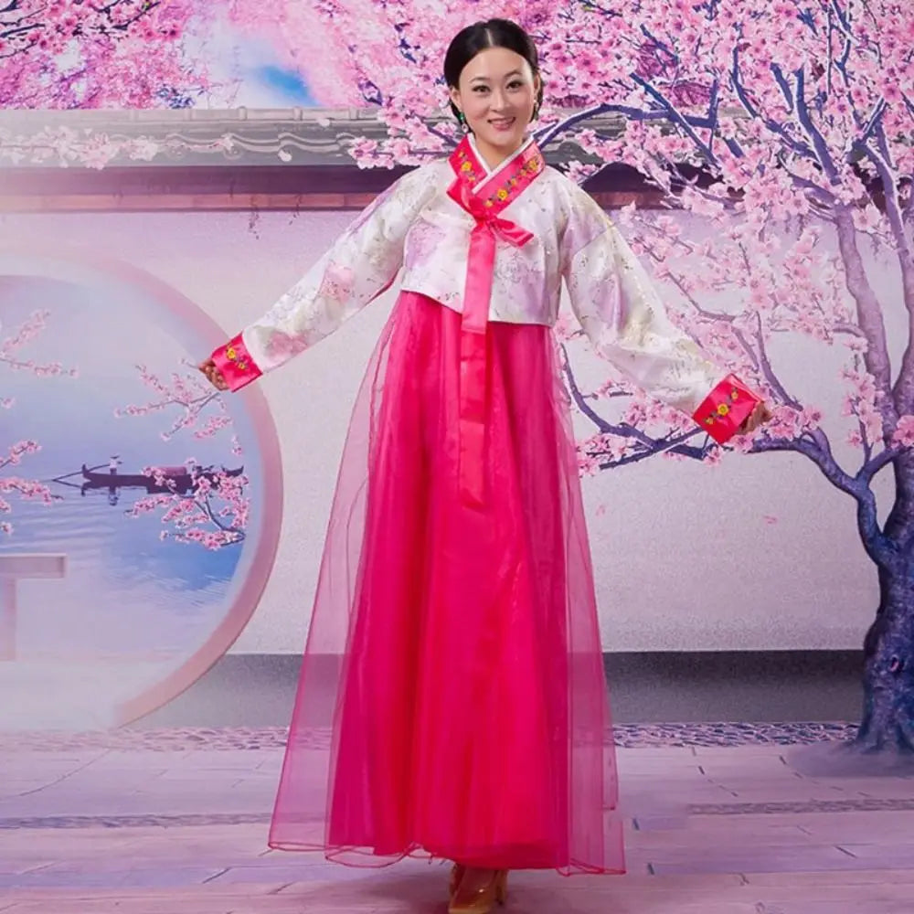 Women's Traditional Korean Hanbok Dress – Multicolor Stage Costume Traditional Costume Dress PLUSH white-rose pink XXXL