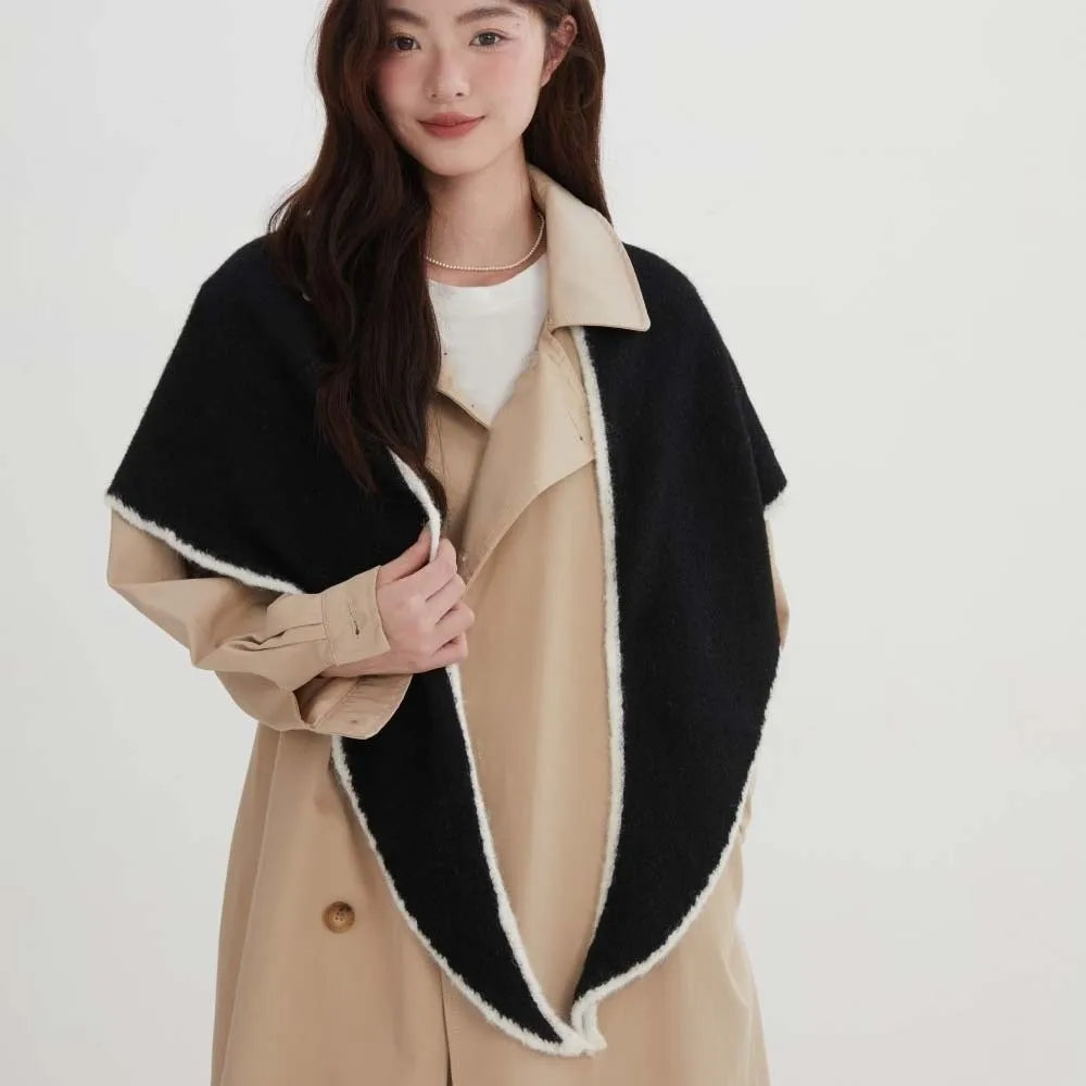 Women's Triangle Shawl Scarf – Soft Knit Wool Blend Cape Triangle Shawl Scarf PLUSH Black
