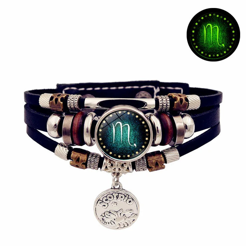 Zodiac Luminous Leather Bracelet – Multilayer Beaded Unisex Charm Bracelet PLUSH 6- Scorpio