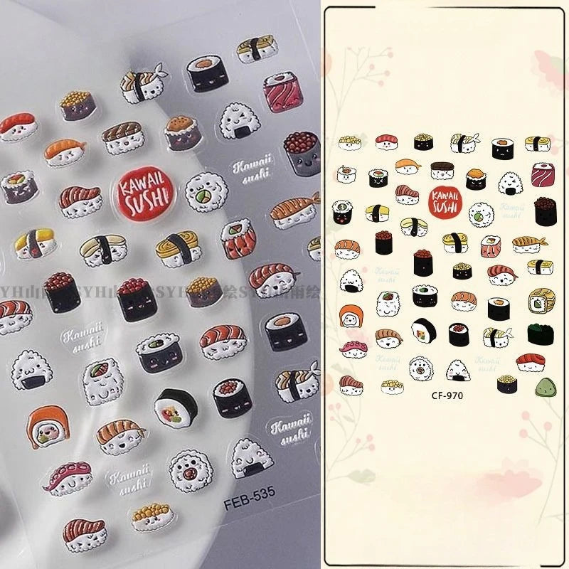 Cute Sushi 3D Embossed Nail Stickers – Waterproof DIY Nail Art 3D Nail Stickers PLUSH