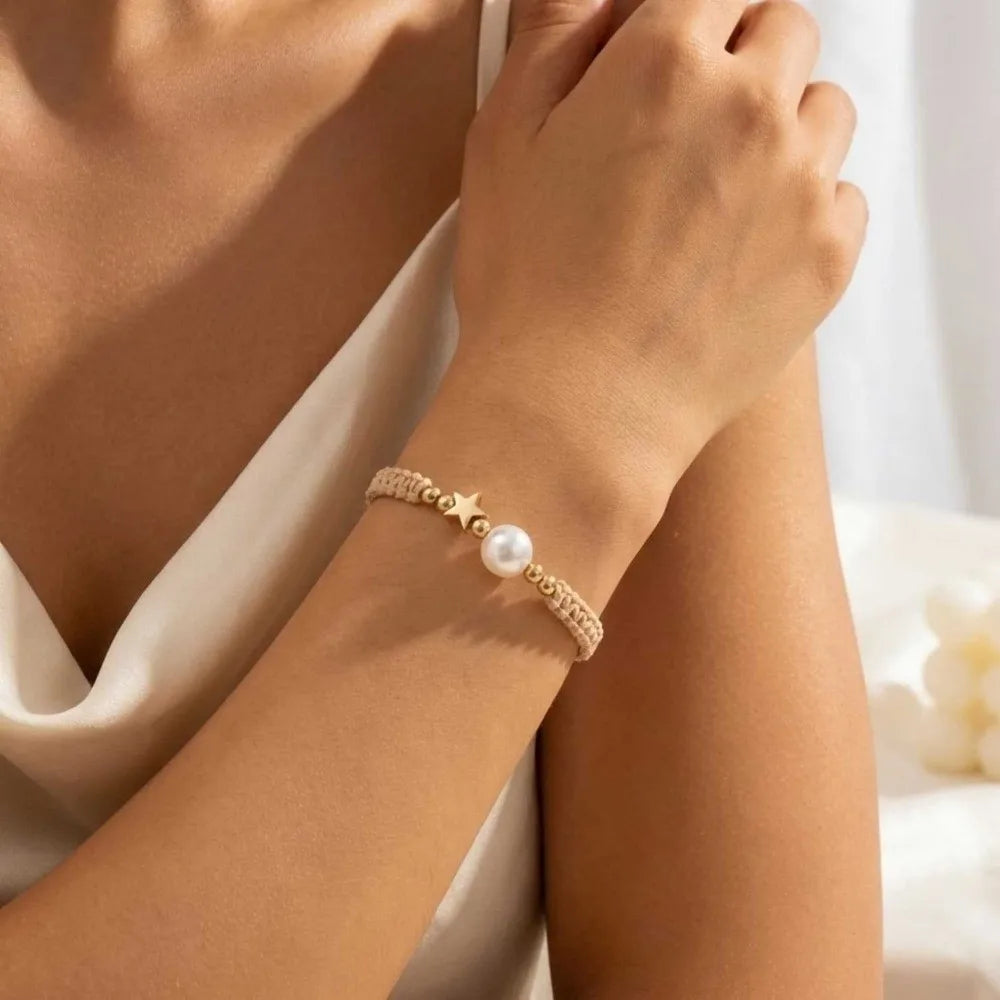 Adjustable Star Pearl Bead Woven Bracelet – Women's Minimalist Woven Bead Bracelet PLUSH